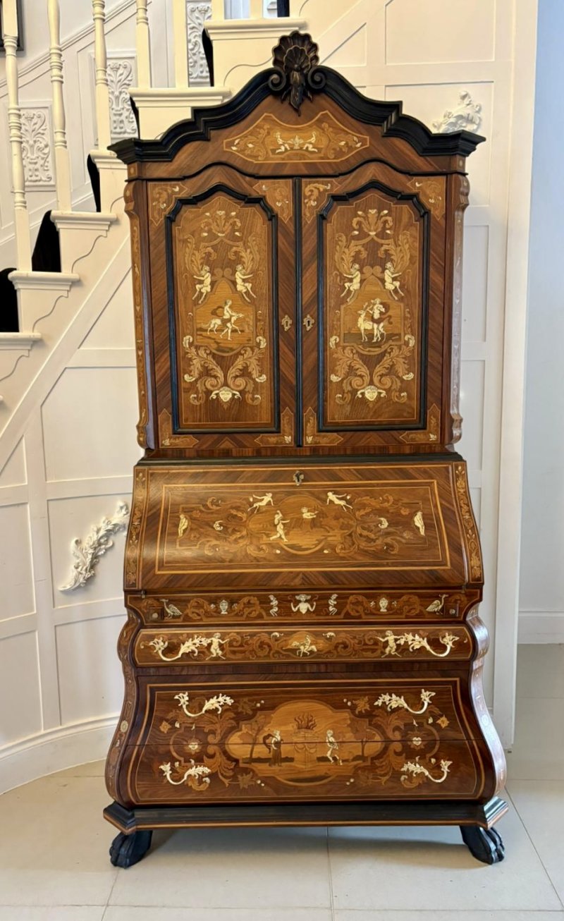 Outstanding Quality Antique Italian Marquetry Inlaid Burr Walnut Bureau Bookcase